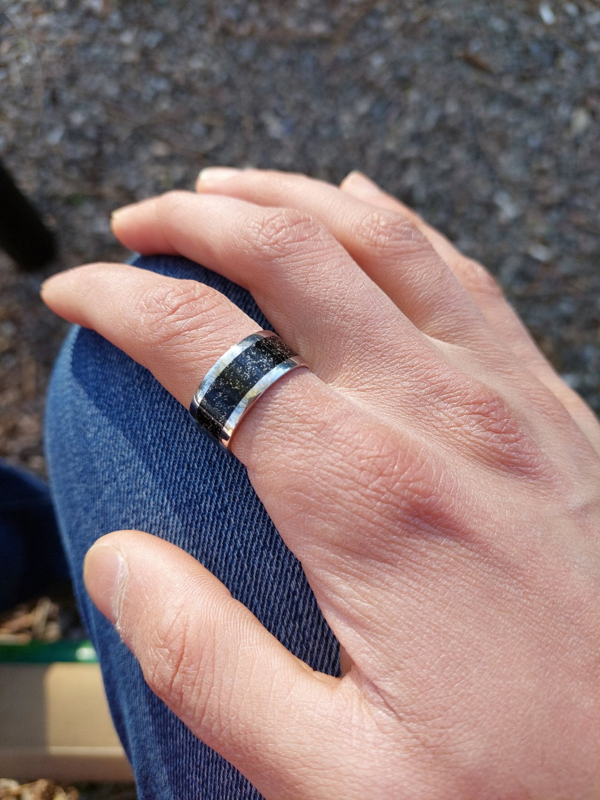 White Gold Jet and Silver Ring - Centered Inlay