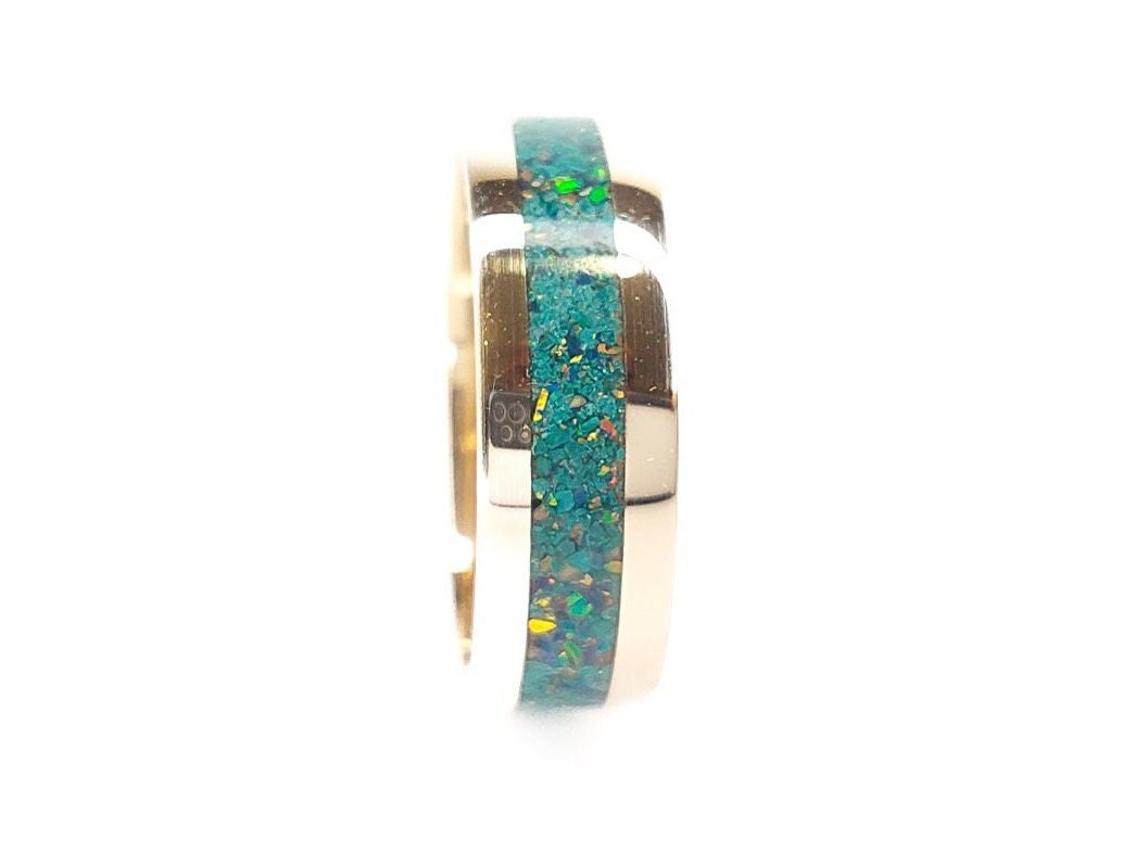 Gold Malachite and Opal Ring - Centered Inlay