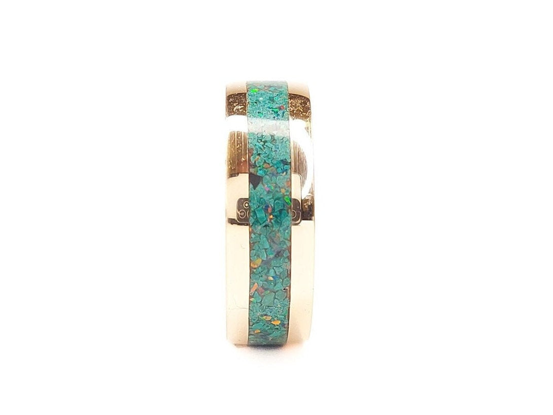 Gold Malachite and Opal Ring - Centered Inlay