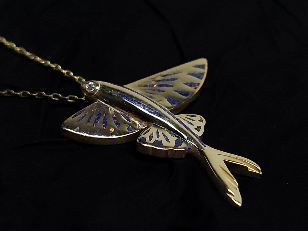 Gold Lapis Lazuli and Opal Fish Pendant with Diamond