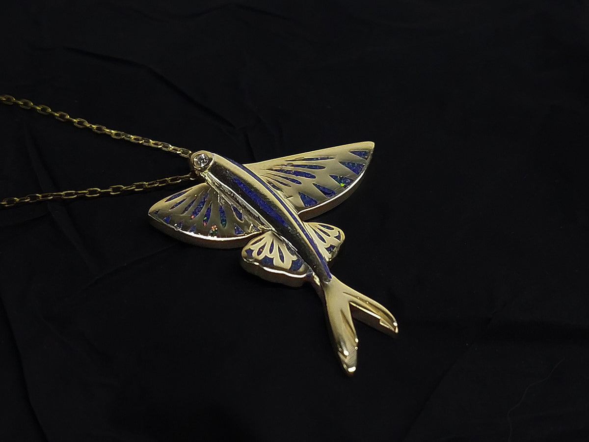Gold Lapis Lazuli and Opal Fish Pendant with Diamond