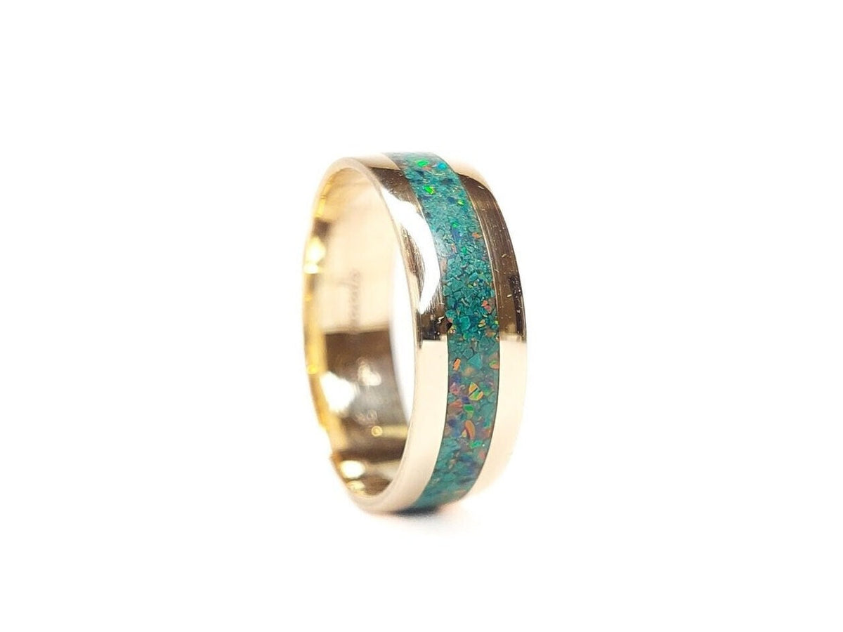 Gold Malachite and Opal Ring - Centered Inlay