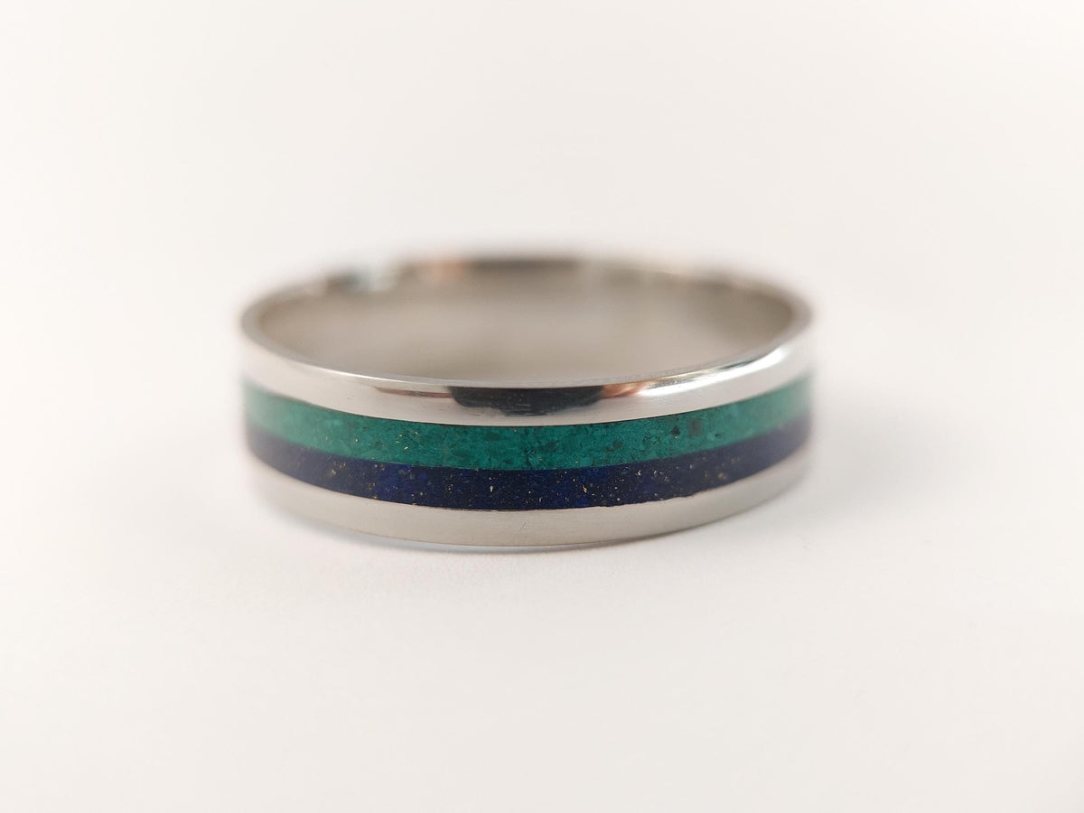 Platinum Lapis Lazuli and Malachite Ring - Centered Inlay