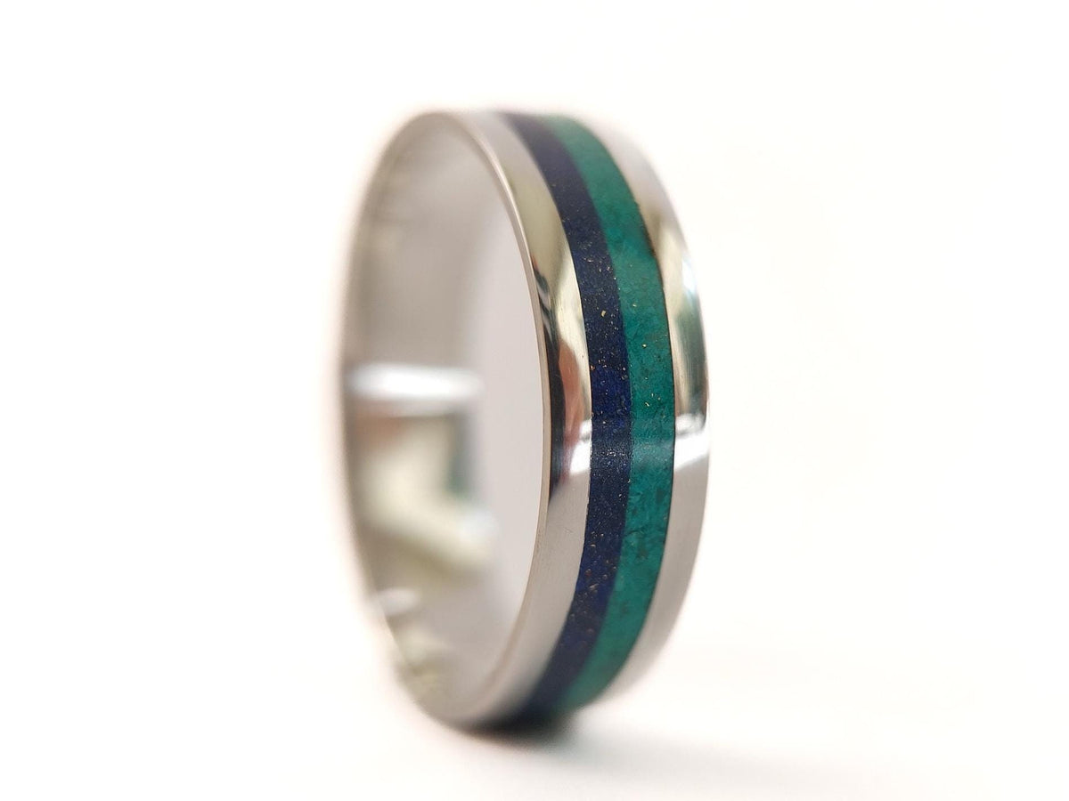 Platinum Lapis Lazuli and Malachite Ring - Centered Inlay