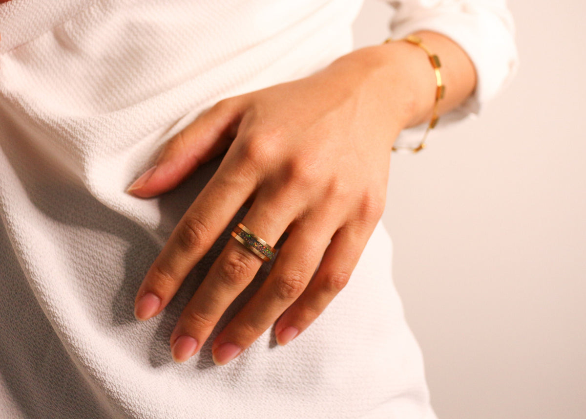Gold Fire Opal Ring - Centered Inlay