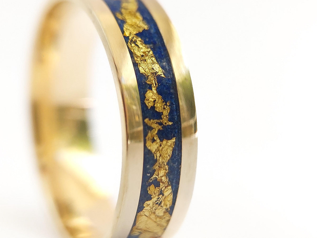 Gold Lapis Lazuli Ring - Centered Inlay and 22K Gold Leaves