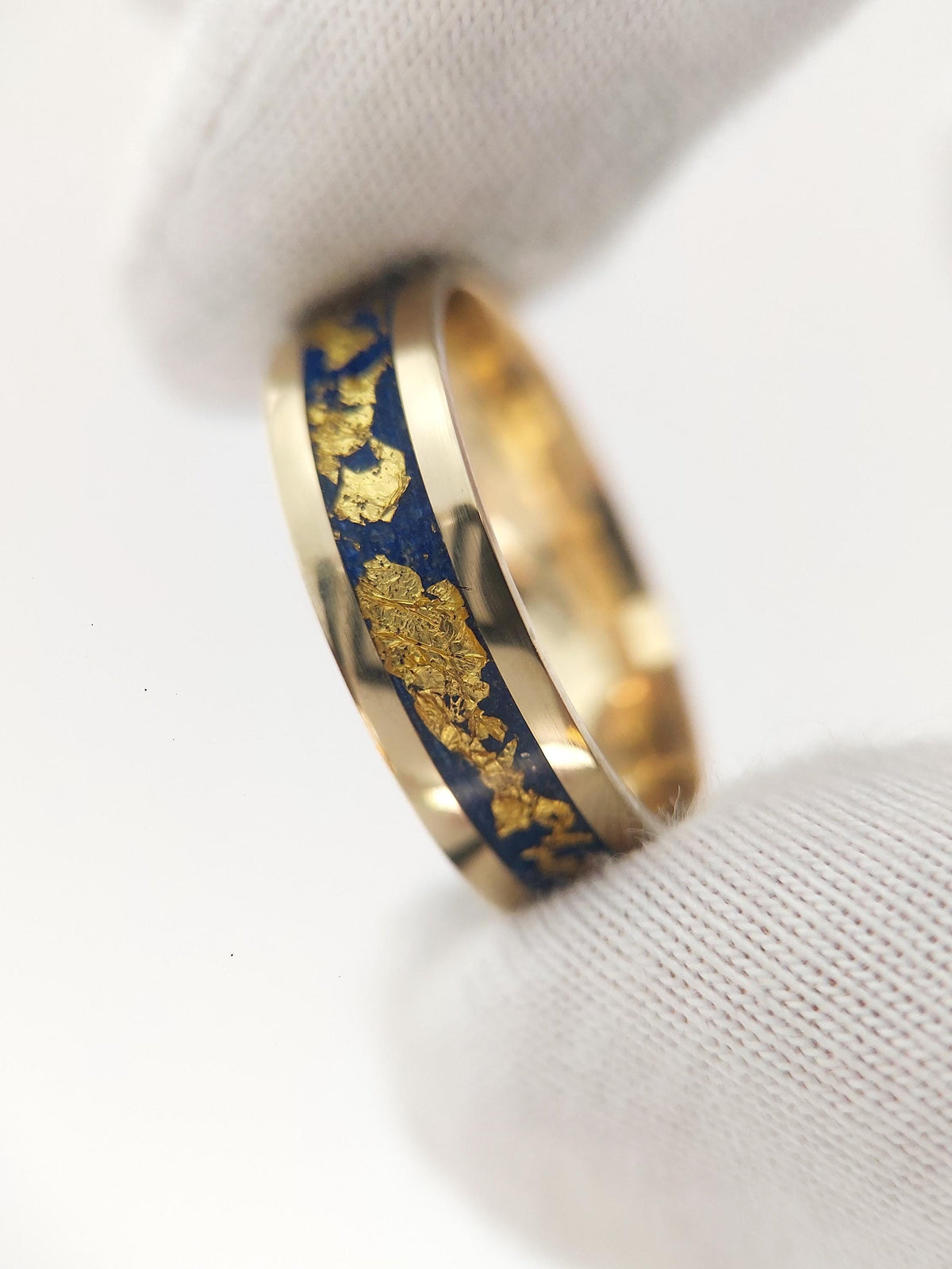 Gold Lapis Lazuli Ring - Centered Inlay and 22K Gold Leaves