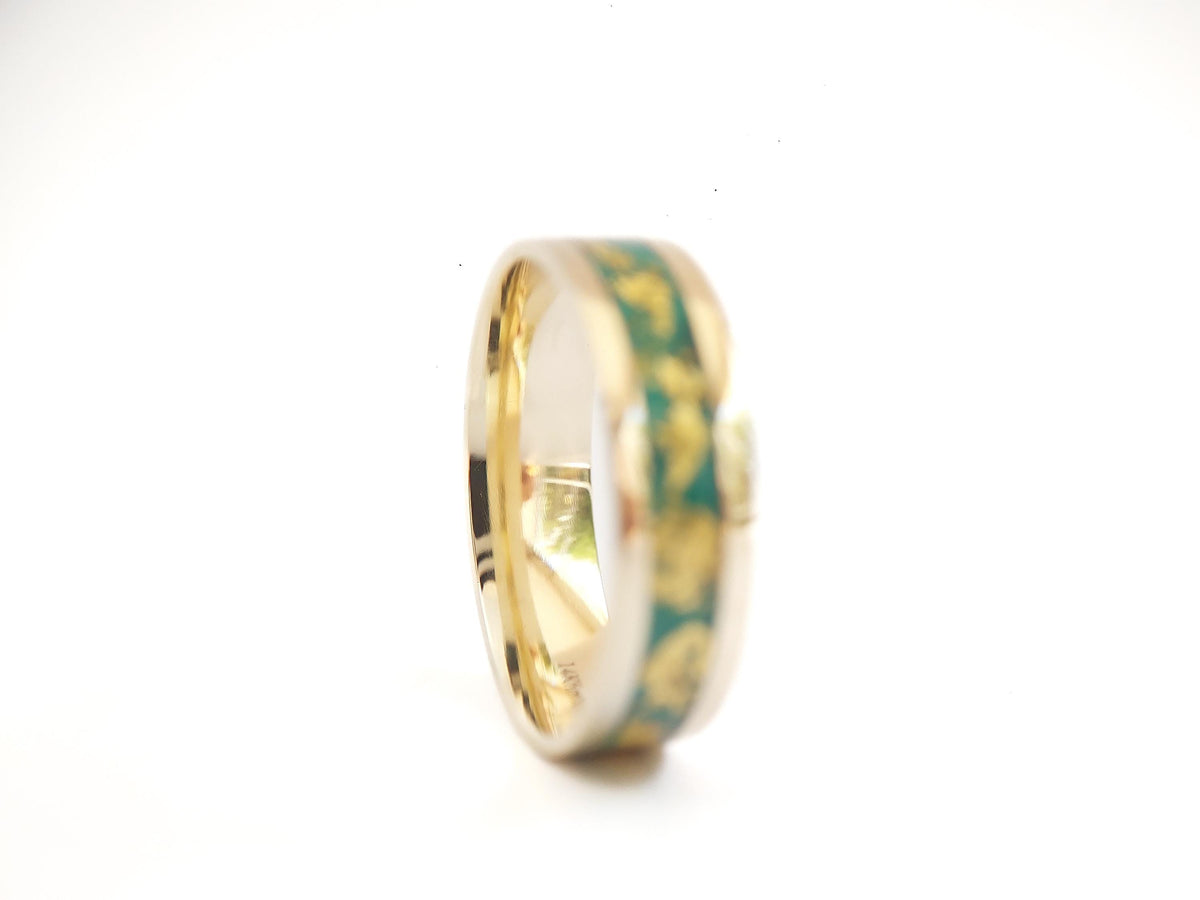 Gold Malachite Ring - Centered Inlay and 22K Gold Leaves