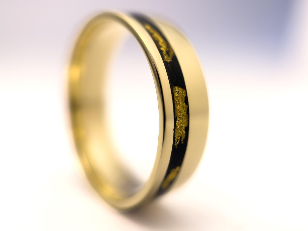 Gold Jet Ring - Offset Inlay and 22K Gold Leaves