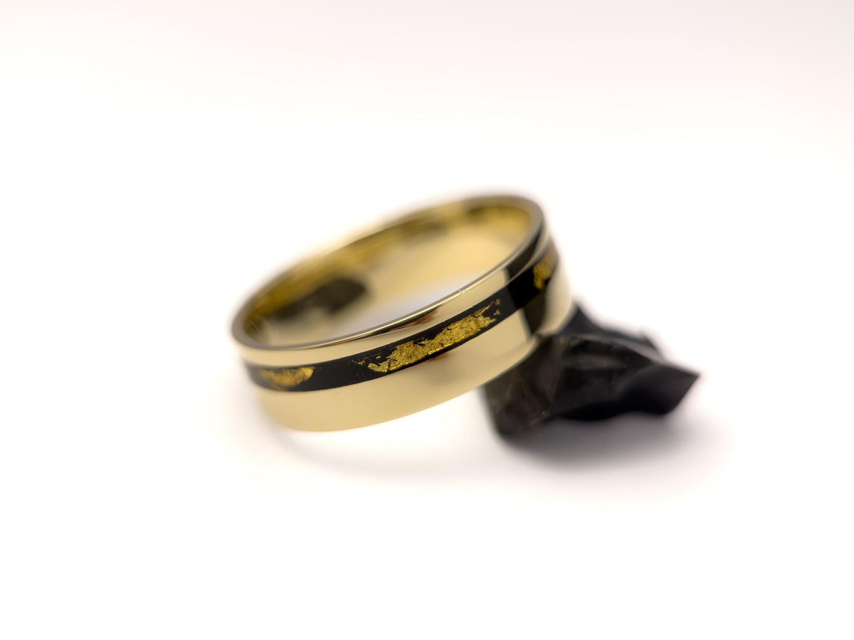 Gold Jet Ring - Offset Inlay and 22K Gold Leaves