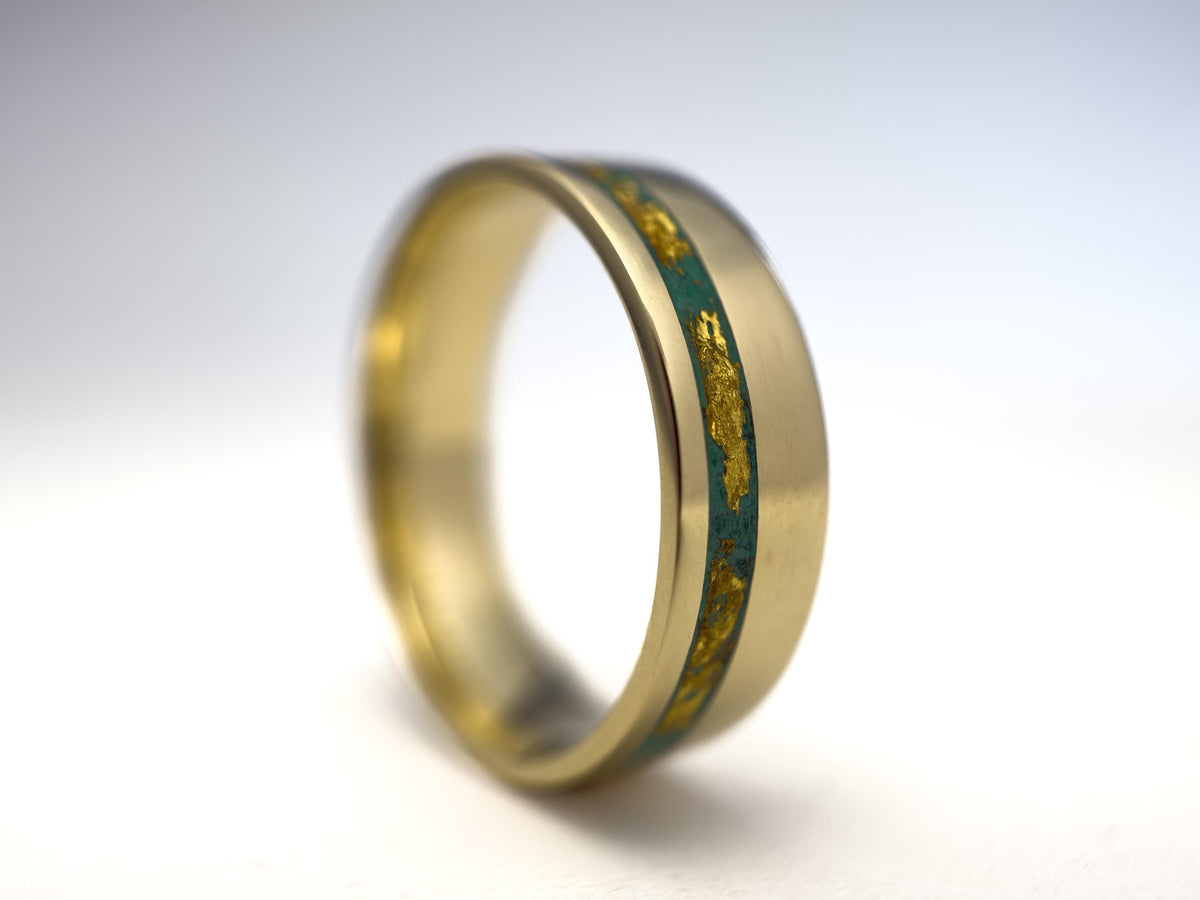 Gold Malachite Ring - Offset Inlay and 22K Gold Leaves