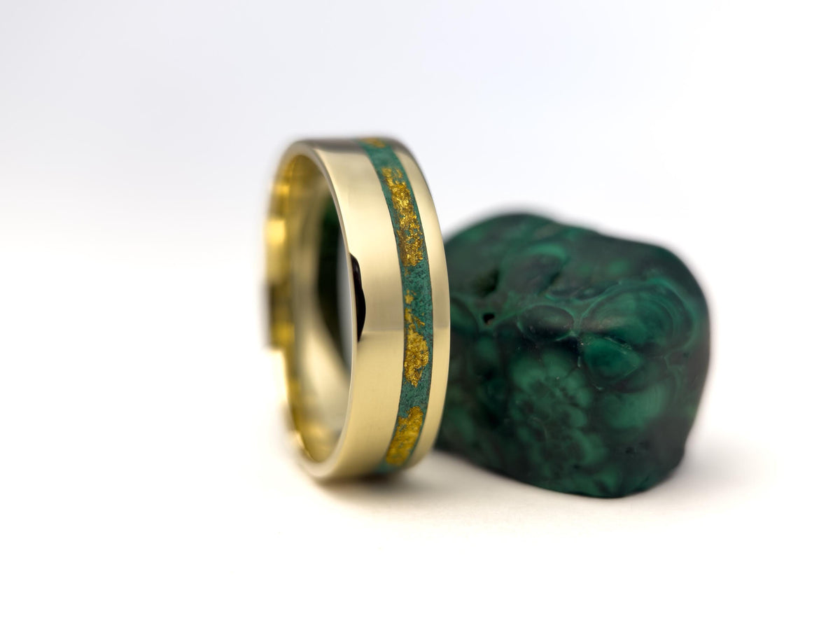 Gold Malachite Ring - Offset Inlay and 22K Gold Leaves