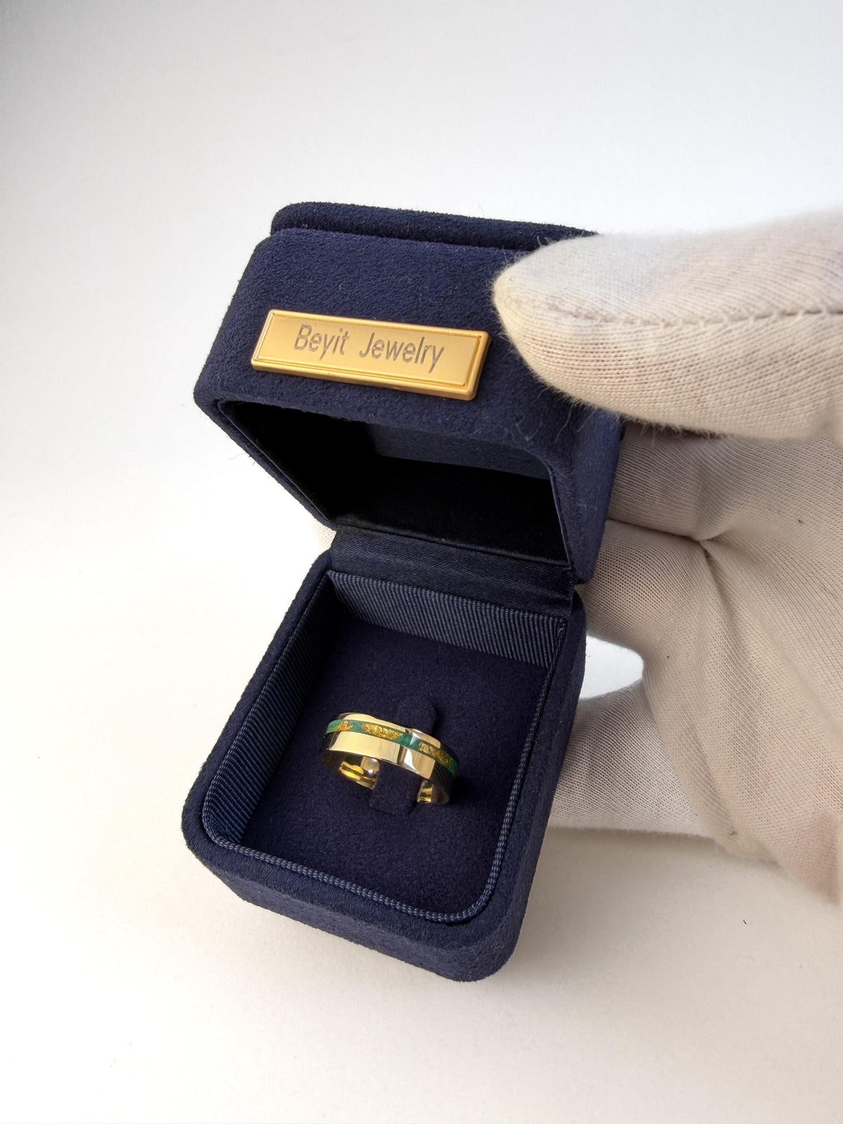 Gold Malachite Ring - Offset Inlay and 22K Gold Leaves