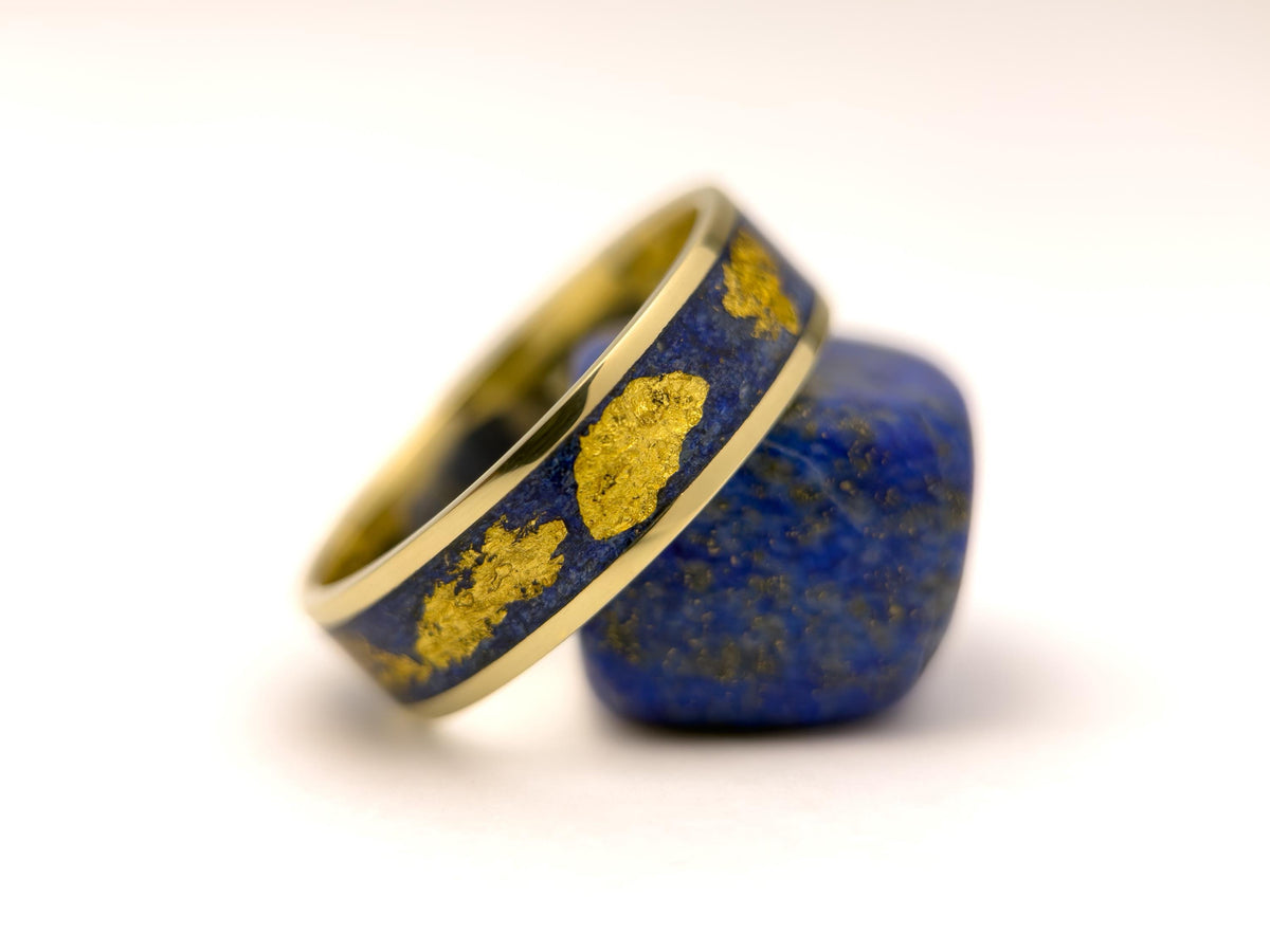 Gold Lapis Lazuli Ring - Wide Inlay and 22K Gold Leaves