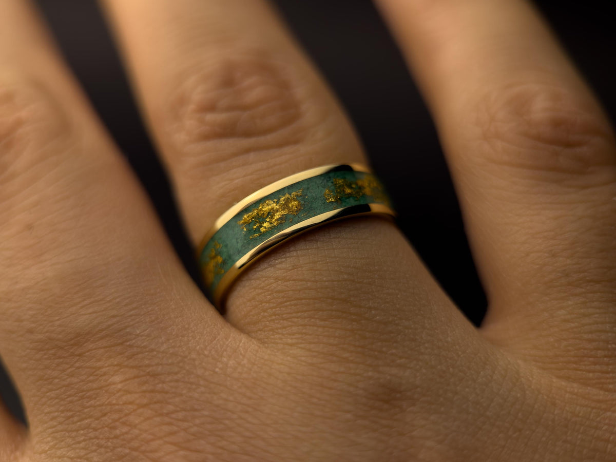 Gold Malachite Ring - Wide Inlay and 22K Gold Leaves