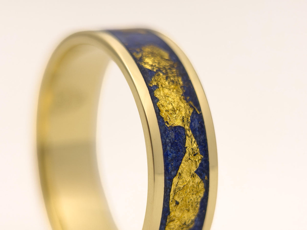 Gold Lapis Lazuli Ring - Wide Inlay and 22K Gold Leaves