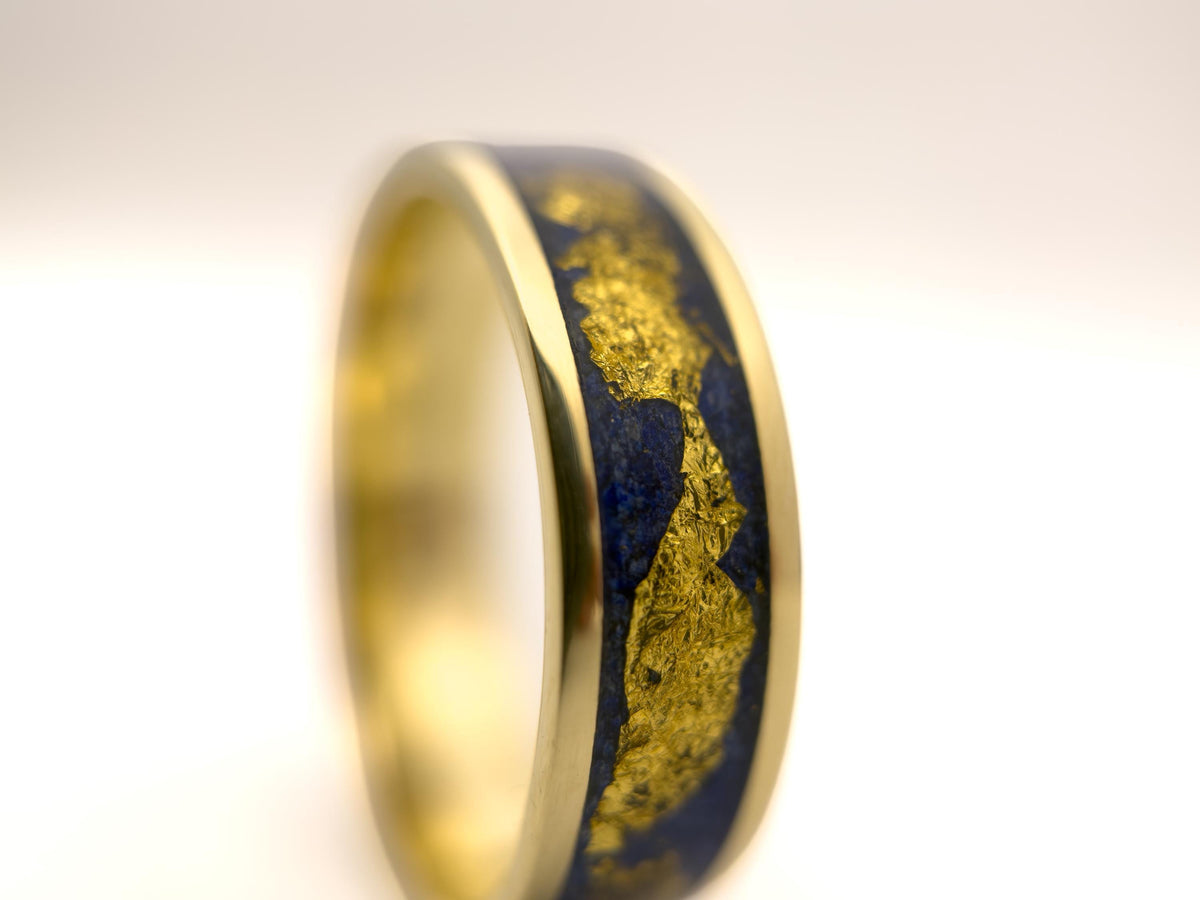 Gold Lapis Lazuli Ring - Wide Inlay and 22K Gold Leaves