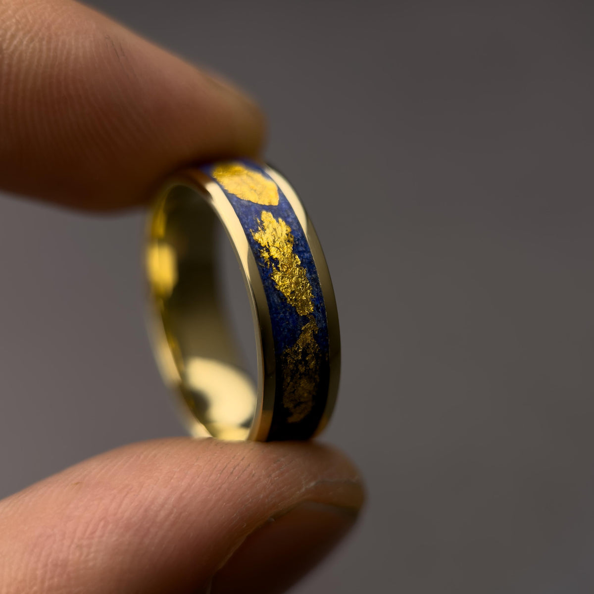Gold Lapis Lazuli Ring - Wide Inlay and 22K Gold Leaves