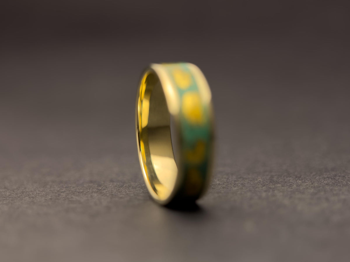 Gold Malachite Ring - Wide Inlay and 22K Gold Leaves