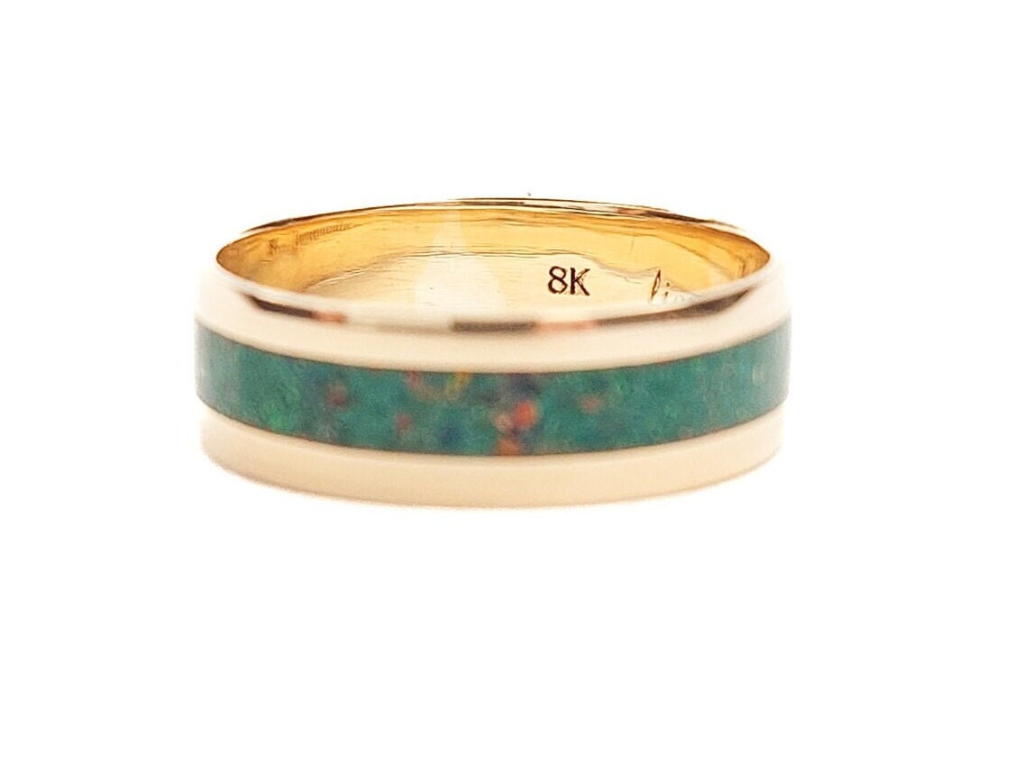 Gold Malachite and Opal Ring - Centered Inlay