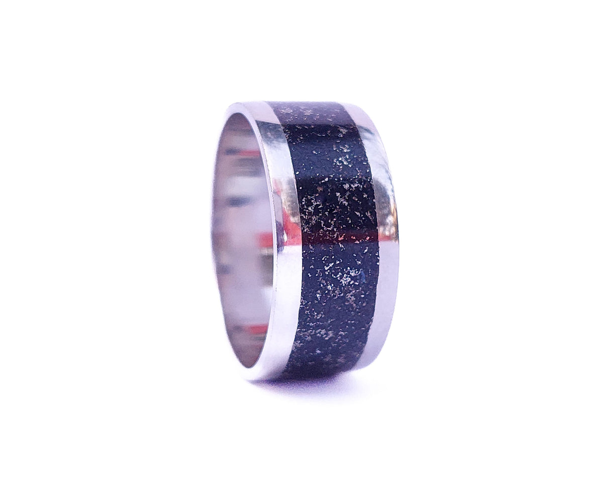 White Gold Jet and Silver Ring - Centered Inlay