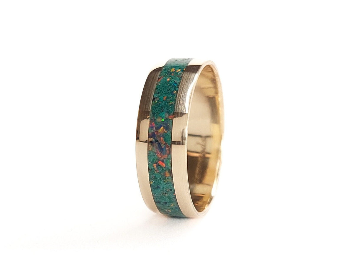 Gold Malachite and Opal Ring - Centered Inlay