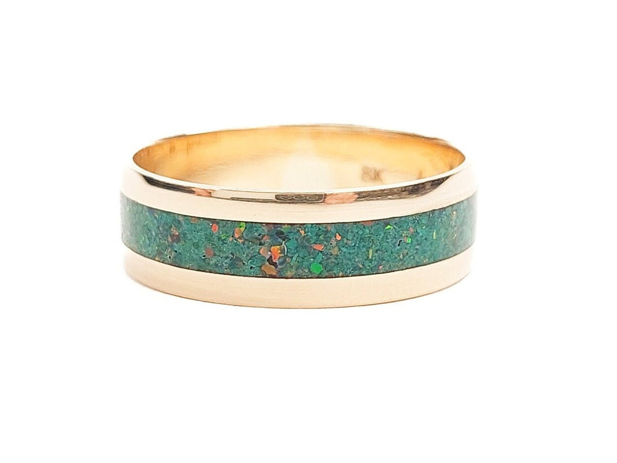 Gold Malachite and Opal Ring - Centered Inlay