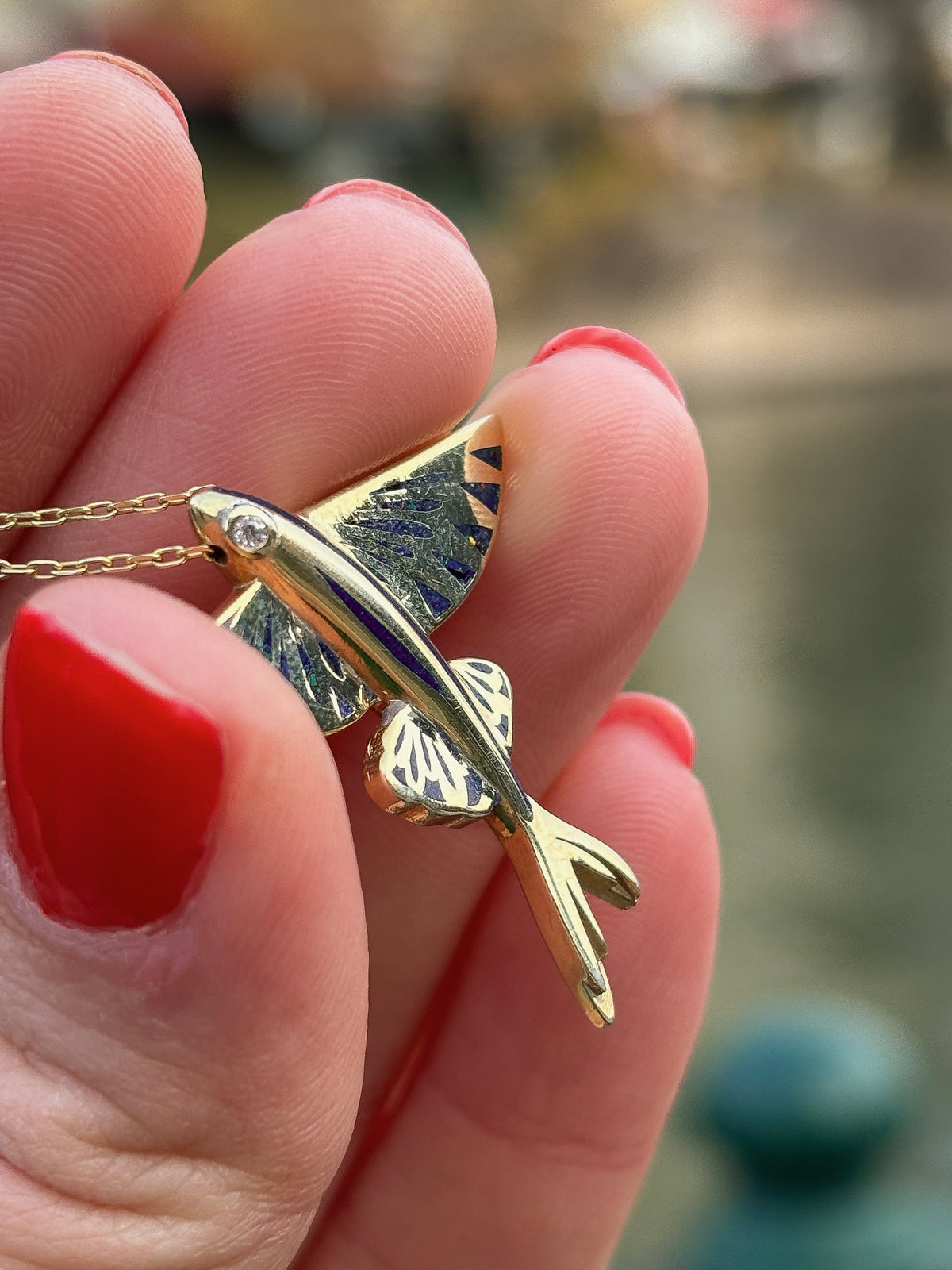 Gold Lapis Lazuli and Opal Fish Pendant with Diamond