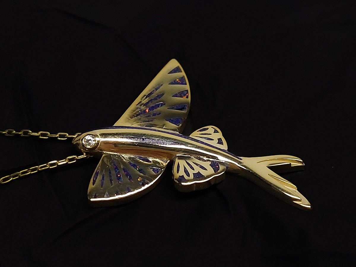 Gold Lapis Lazuli and Opal Fish Pendant with Diamond