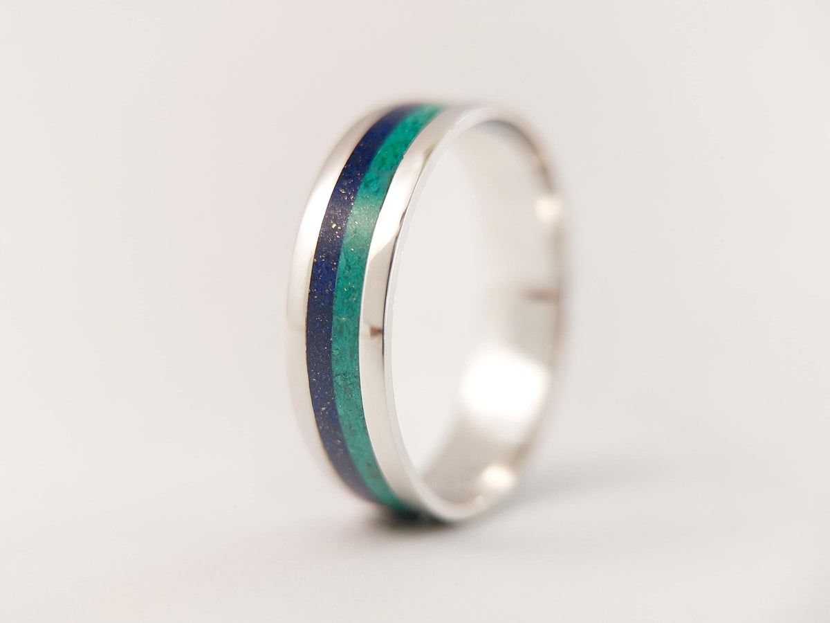 Platinum Lapis Lazuli and Malachite Ring - Centered Inlay