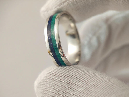 Platinum Lapis Lazuli and Malachite Ring - Centered Inlay