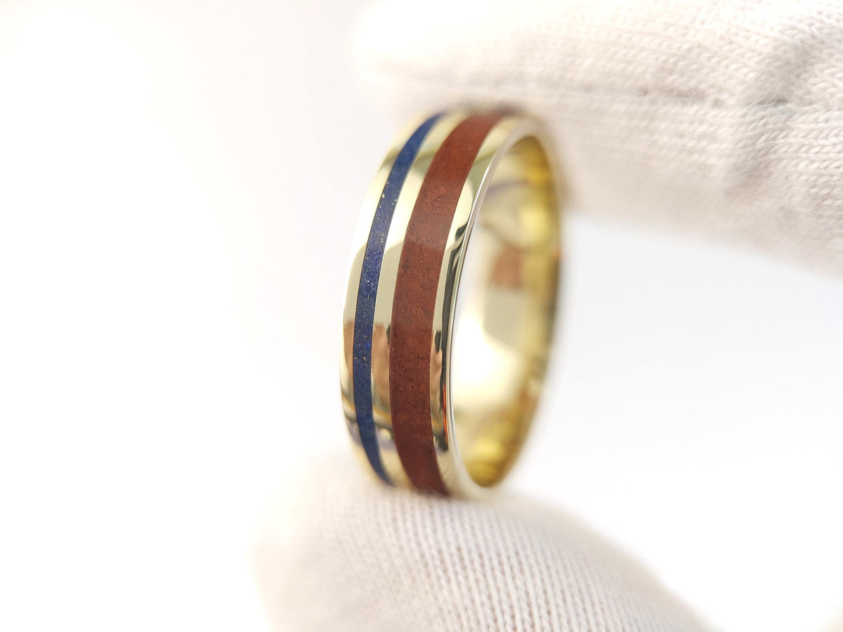 Gold Jasper and Lapis Lazuli Ring - Twin Inlay