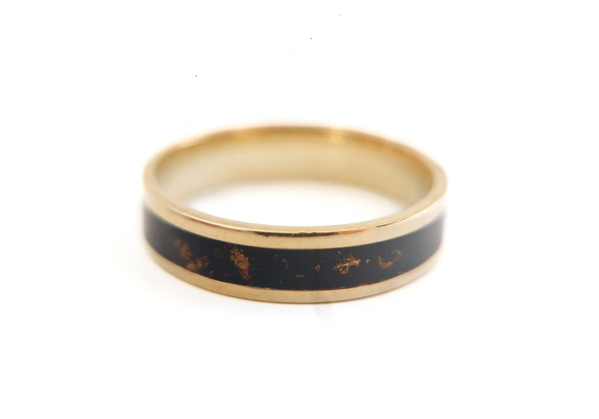 Gold Jet Ring - Centered Inlay and 22K Gold Leaves