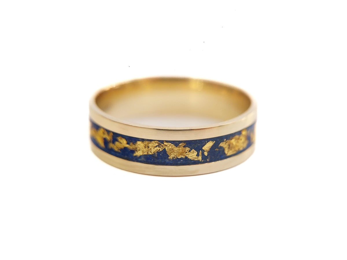 Gold Lapis Lazuli Ring - Centered Inlay and 22K Gold Leaves