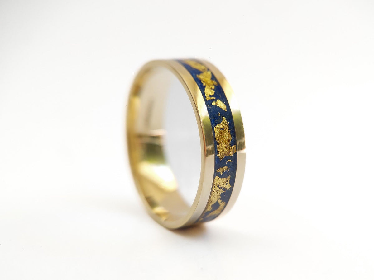 Gold Lapis Lazuli Ring - Centered Inlay and 22K Gold Leaves