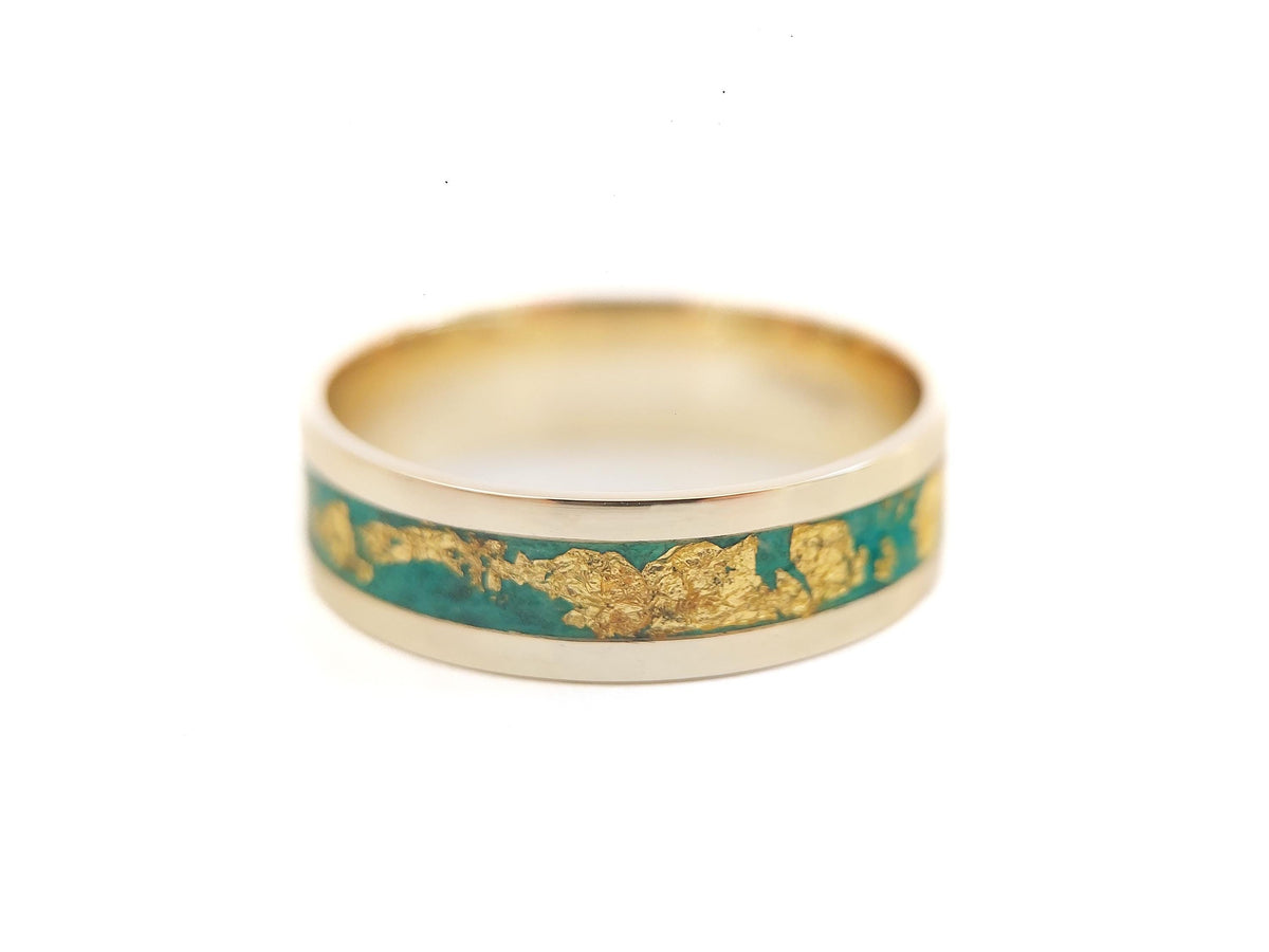 Gold Malachite Ring - Centered Inlay and 22K Gold Leaves