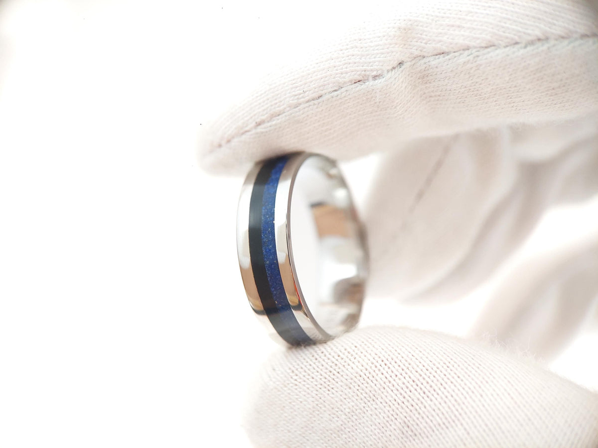 Platinum Lapis Lazuli and Jet Ring - Centered Twin Inlay