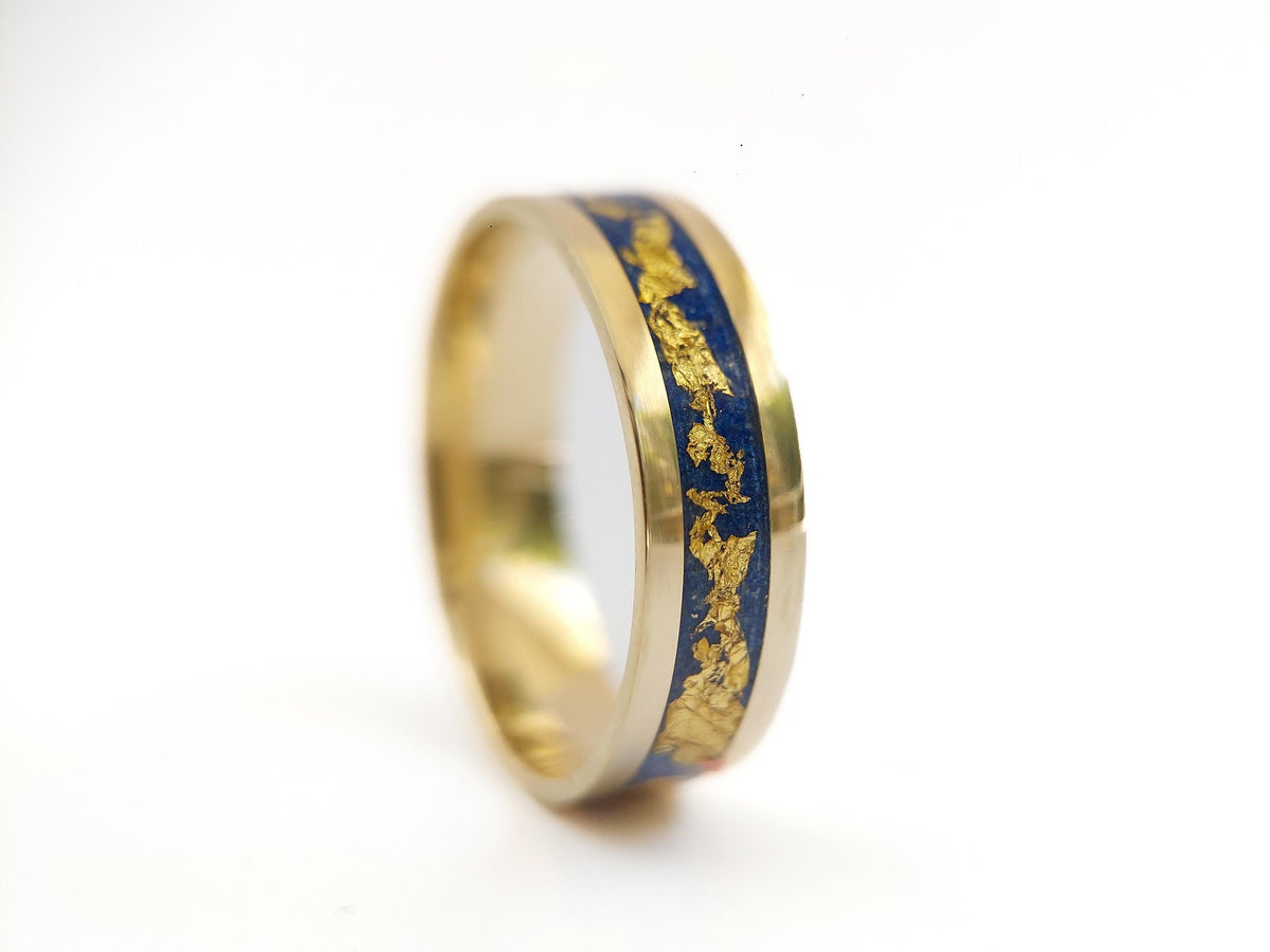 Gold Lapis Lazuli Ring - Centered Inlay and 22K Gold Leaves