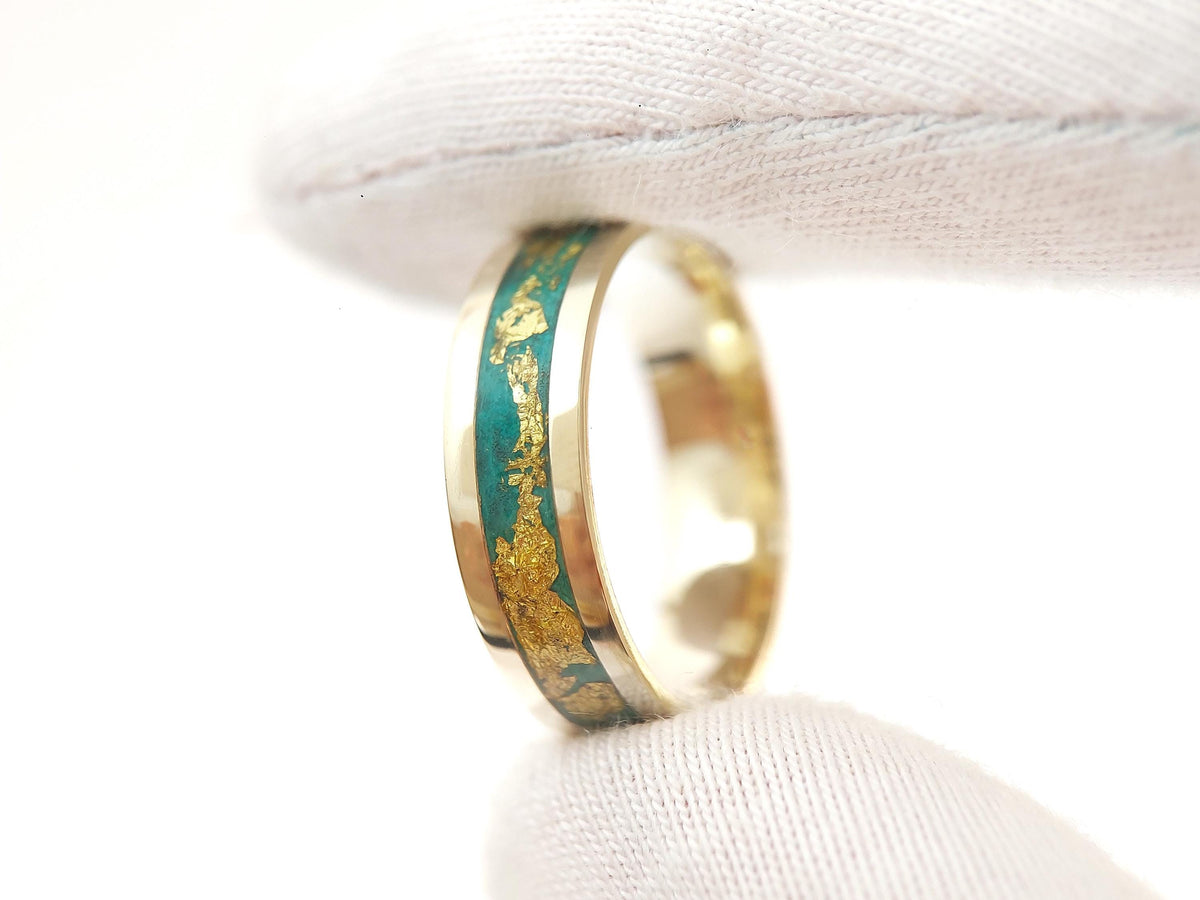 Gold Malachite Ring - Centered Inlay and 22K Gold Leaves