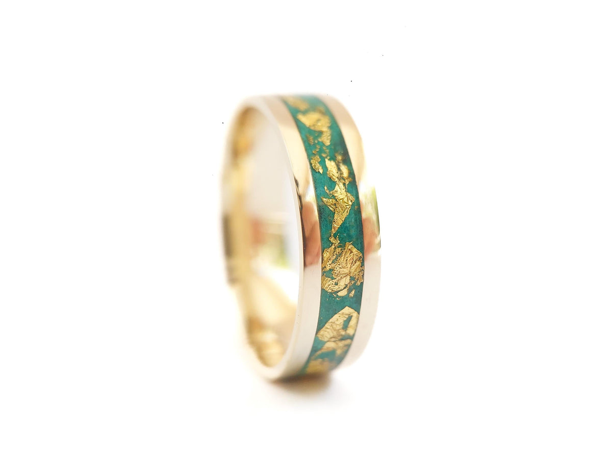 Gold Malachite Ring - Centered Inlay and 22K Gold Leaves