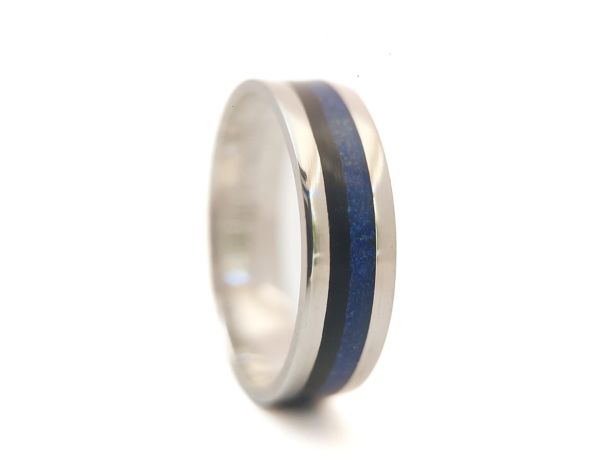 Platinum Lapis Lazuli and Jet Ring - Centered Twin Inlay