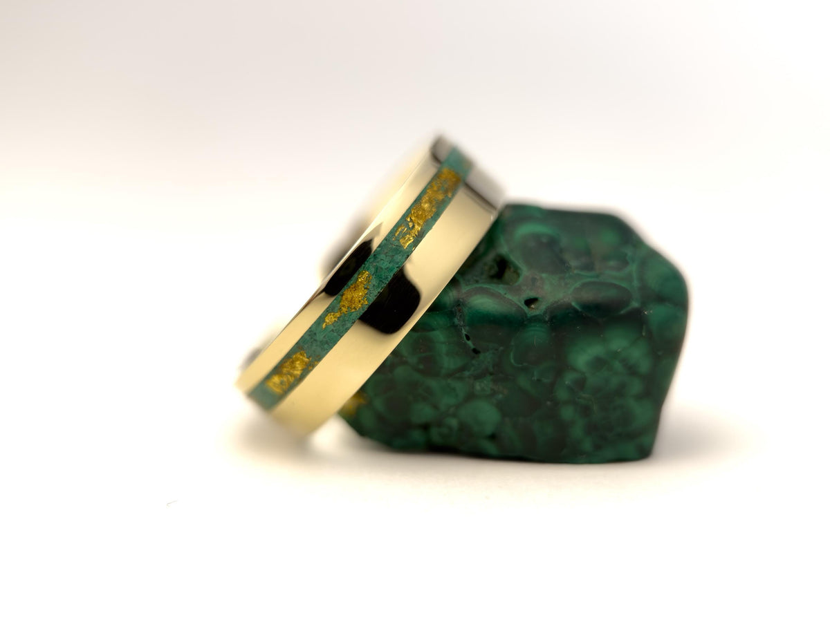 Gold Malachite Ring - Offset Inlay and 22K Gold Leaves
