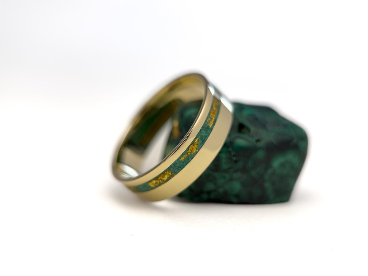 Gold Malachite Ring - Offset Inlay and 22K Gold Leaves