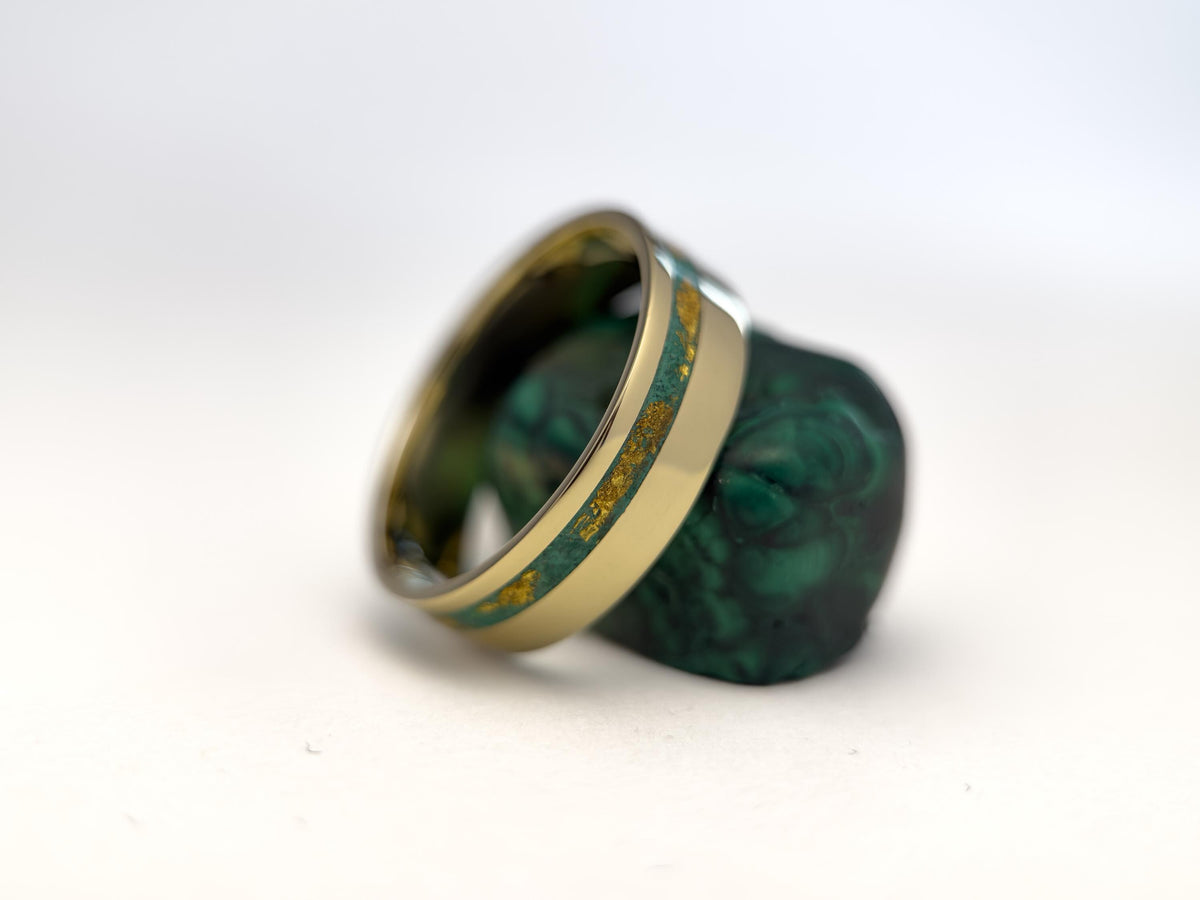 Gold Malachite Ring - Offset Inlay and 22K Gold Leaves