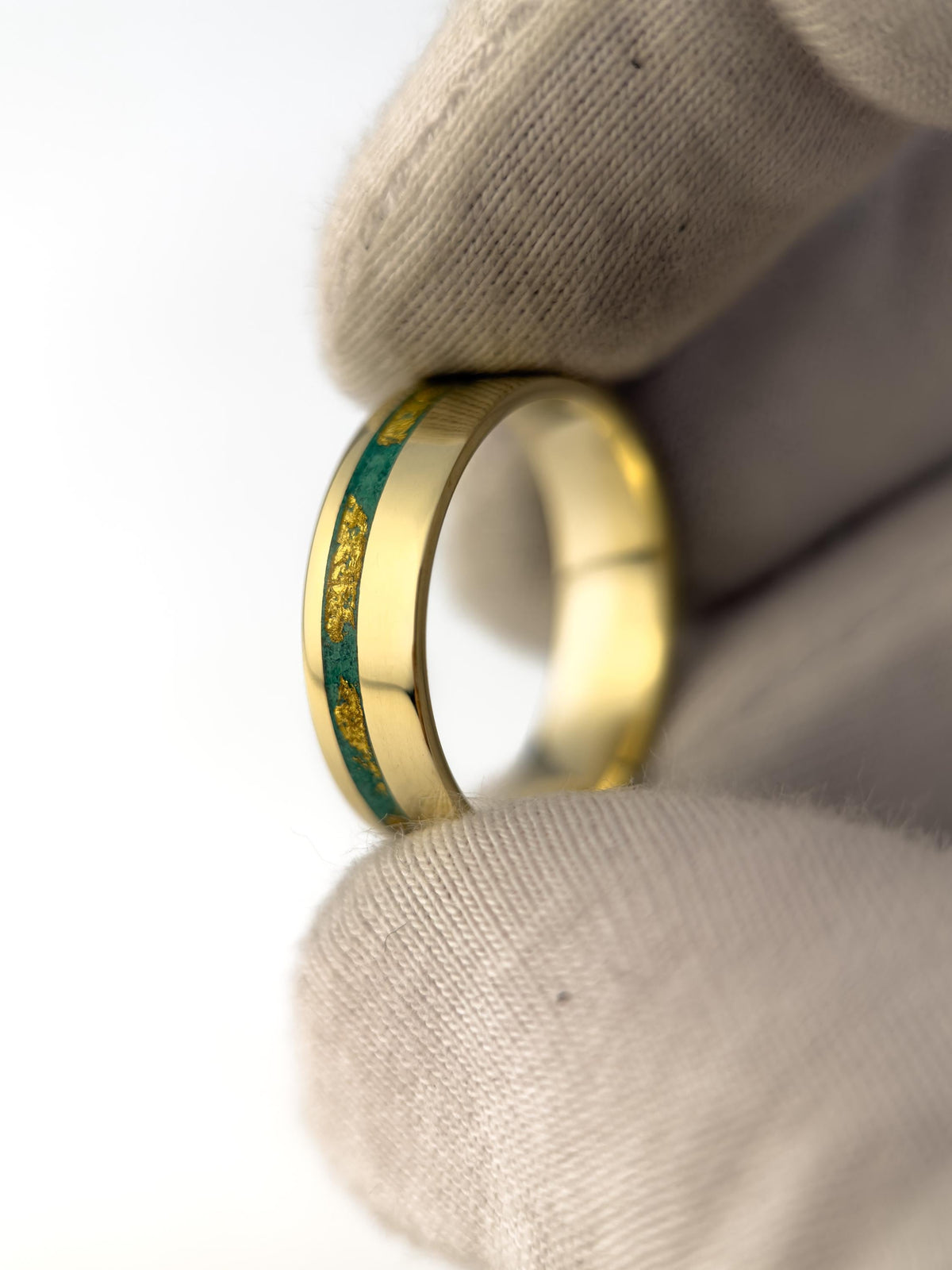 Gold Malachite Ring - Offset Inlay and 22K Gold Leaves