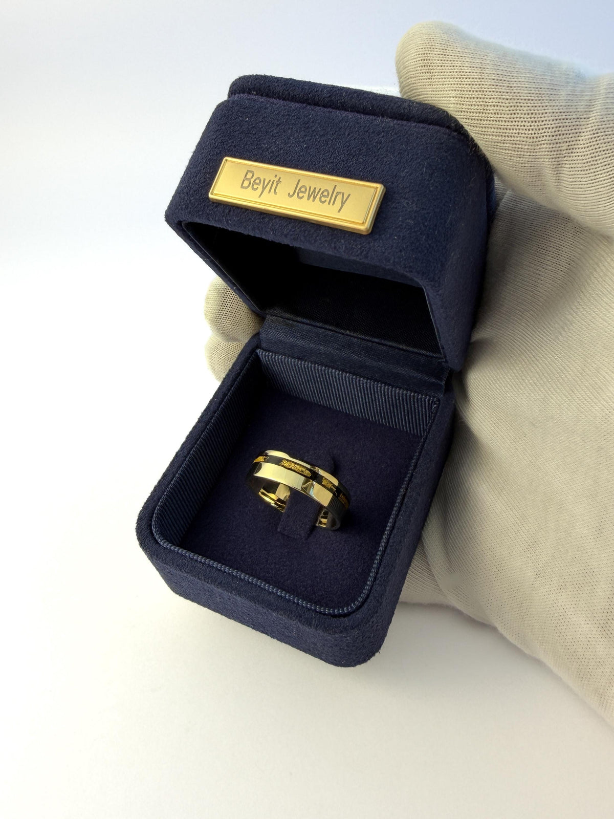 Gold Jet Ring - Offset Inlay and 22K Gold Leaves