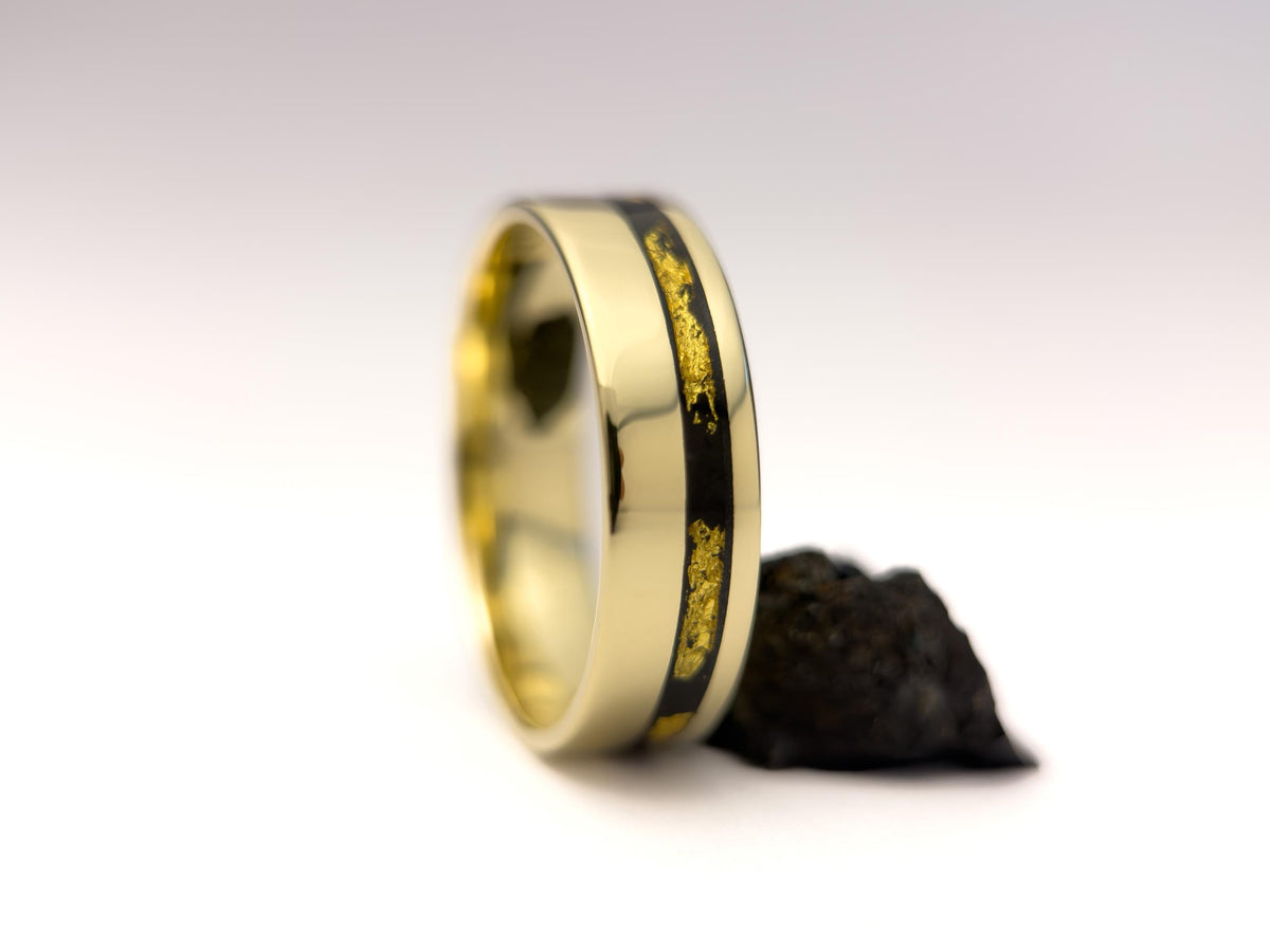 Gold Jet Ring - Offset Inlay and 22K Gold Leaves