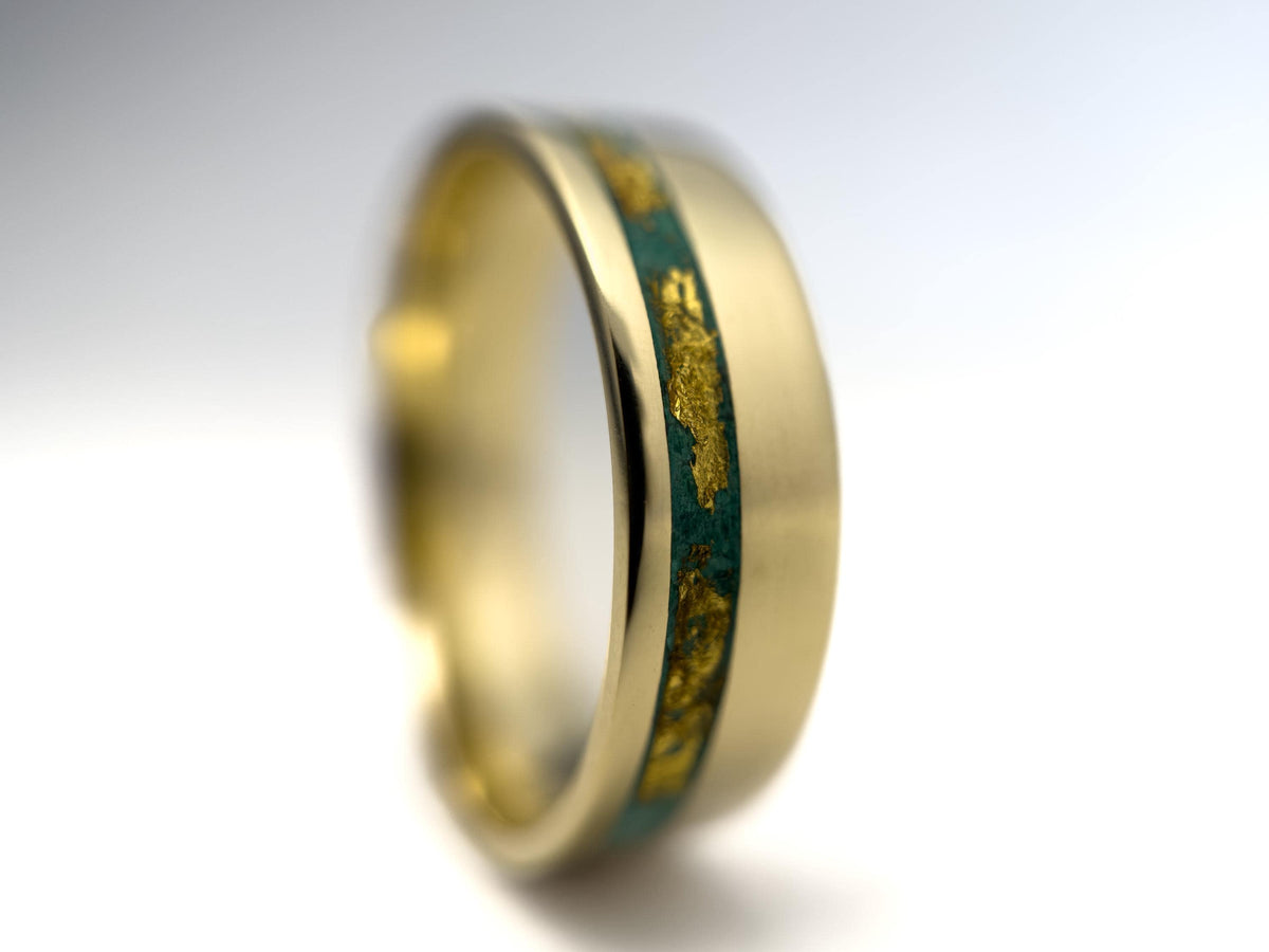 Gold Malachite Ring - Offset Inlay and 22K Gold Leaves