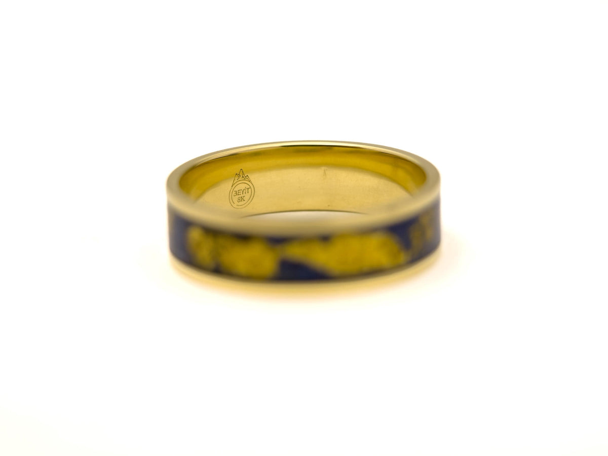 Gold Lapis Lazuli Ring - Wide Inlay and 22K Gold Leaves