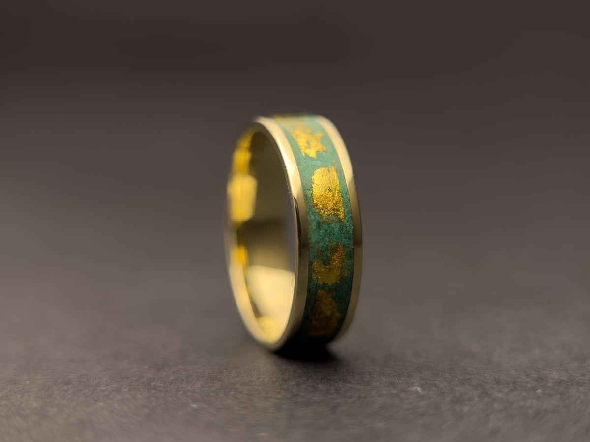 Gold Malachite Ring - Wide Inlay and 22K Gold Leaves